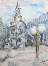 1996 Impressionist Watercolor Painting Landscape Tower Signed