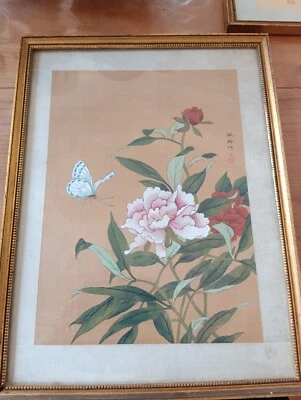 Tableau Peint Chine Sur Soie Décor Papillon - Photo 1/4