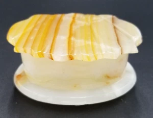Vintage Onyx Alabaster Stone Marble Hinged Jewelry Trinket Box Clam Shell Footed - Picture 1 of 9