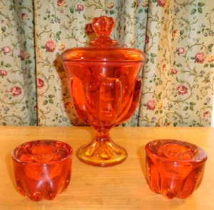 MCM VIKING GLASS EPIC 6 PETAL PERSIMMON ORANGE CANDY DISH w/LID & CANDLE HOLDERS - Picture 1 of 6