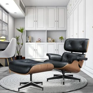 Upgraded Tall Eames Lounge Chair with Footstool Ottoman Real Leather Armchair - Picture 1 of 22