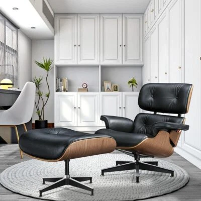 Upgraded Tall Eames Lounge Chair with Footstool Ottoman Real Leather Armchair - Image 1 of 4