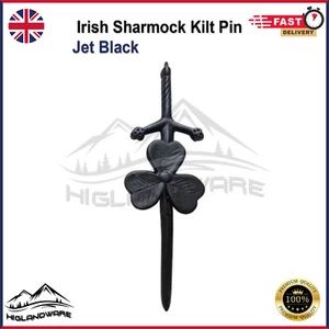 Escocés Highland Broche de Kilt Trébol Irlandés Negro Azabache Acabado 10.2cm - Picture 1 of 3