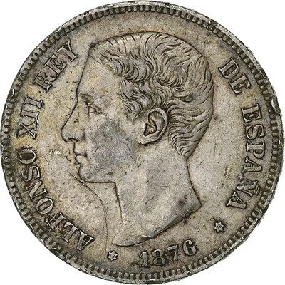[#1116326] Coin, Spain, Alfonso XII, 5 Pesetas, 1876, Madrid, AU(50-53), Silver, - Image 1 of 2