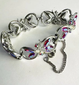 VTG Coro Pink AB Rhinestone Bracelet With Safety Silver Tone - Picture 1 of 6