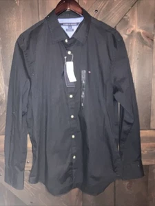 Camicia Tommy Hilfiger nera personalizzata manica lunga elasticizzata uomo taglia XL nuova con etichette - Foto 1 di 4