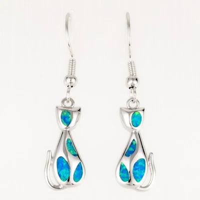 Pendientes colgantes de plata ópalo de fuego azul océano gatito gato Foto 1 de 4