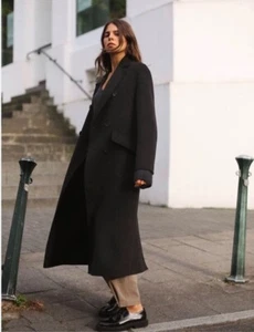 ZARA LONGLINE DOUBLE-BREASTED WOOL BLEND COAT BLACK SIZE S 8073/244/800 - Picture 1 of 3