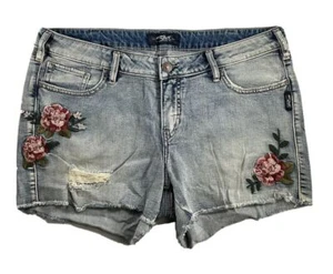 Silver Jeans Aiko Cut-Off Shorts Mid Rise Floral Distressed Denim Women 14 16 - Picture 1 of 7