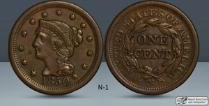 1850 Braided Hair Large Cent, N-1, Almost Uncirculated Details, Cleaned, C7017 - Picture 1 of 3