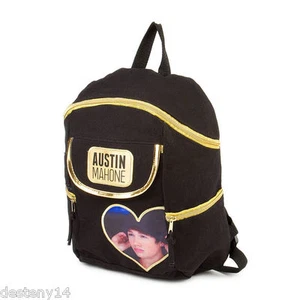 Austin Mahone Girl's Black & Gold Canvas Backpack Bookbag Heart Photo AM Mahomie - Picture 1 of 11
