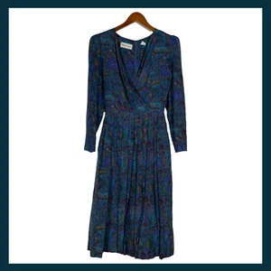 Vintage Albert Nipon Midi Dress Blue Floral Paisley Pleated 100% Silk 90s Size 2 - Picture 1 of 15