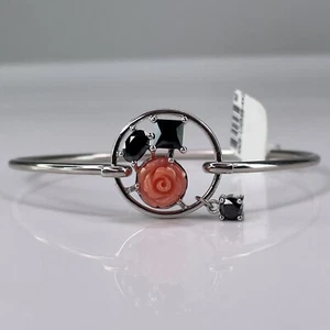Sterling Silver 925 Floral Cut Garden Rose Black CZ Shaped Bangle Clip On 6cm - Picture 1 of 16