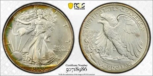 1939 50C PCGS PR67 CAC Walking Liberty Half Dollar PQ Rainbow Rim Toning 0718986 - Picture 1 of 3