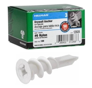 Trockenbauanker 1/2" D x 1,5" L, gerippter Kopf, Nylon, 100er-PACK - HILLMAN 376647 - Bild 1 von 1