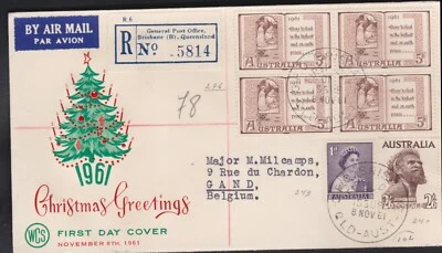 1961 4'3 Uprated 5d Christmas Block FDC 2'6 Aborigine Registered to Belgium - Image 1 of 4