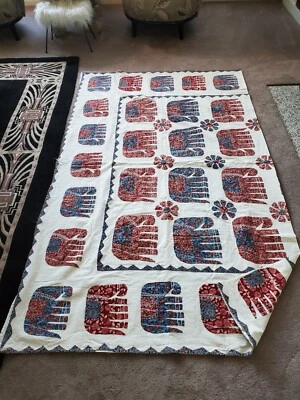 Apliques de puntada a mano Kantha edredón manta cama; elefantes 85x106" Foto 1 de 4