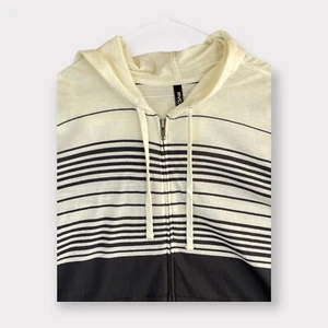 RVCA Shirt Men's Medium Ivory & Black Stripes Hooded Long Sleeve Full Zip - Picture 1 of 10