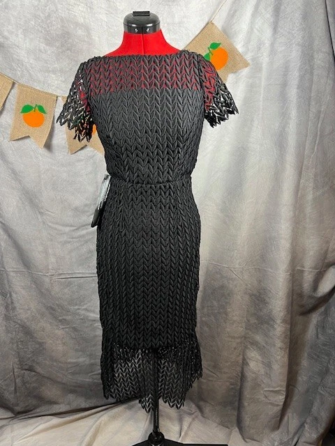 Kay Unger 黑色 Tatum 花卉花边紧身迷笛连衣裙 0 码鸡尾酒 $248 — 第 1/4 张图片