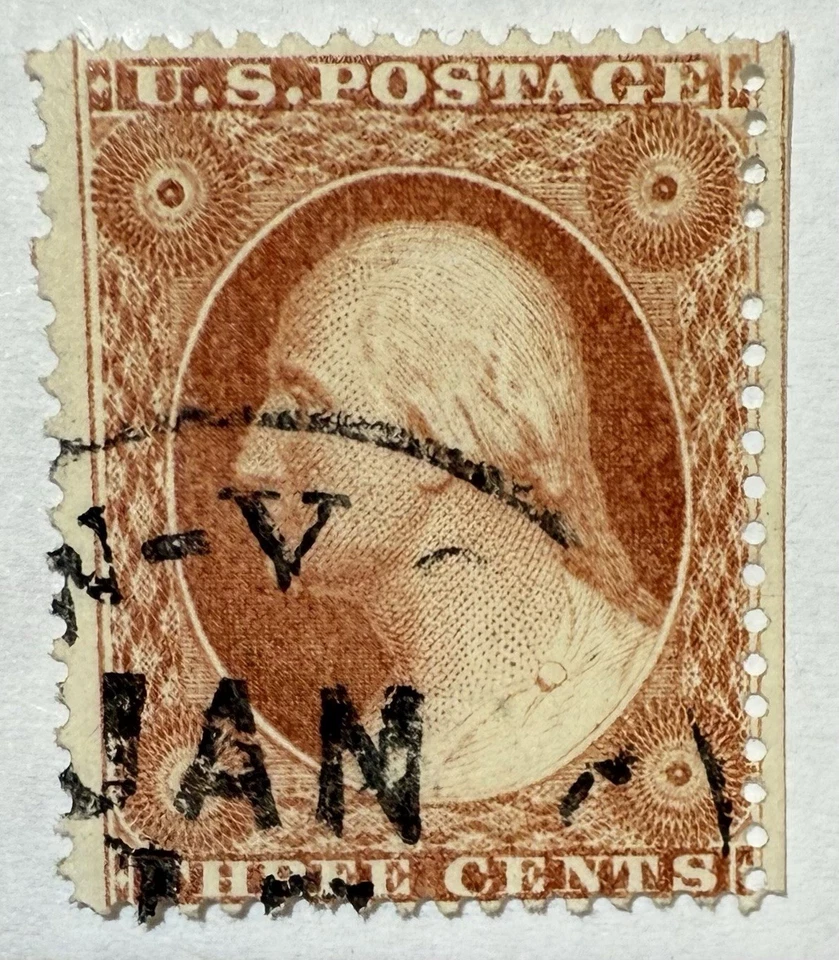 US #26 1857 3c lavado carmín marrón pálido. Tipo III perf. 15,5, Usado; Pos 80L15 Foto 1 de 3