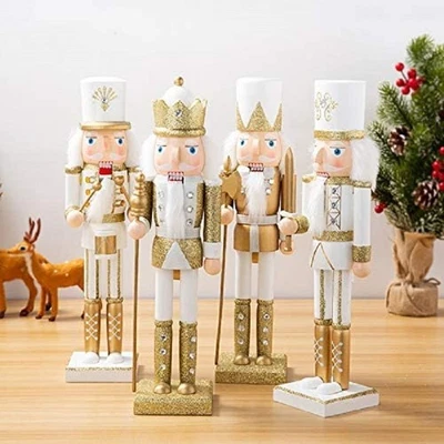 30cm Gold & White Wooden Nutcracker Soldier Christmas Decoration Xmas - Image 1 of 3