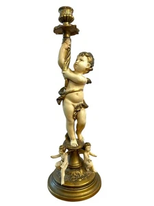 Vintage Art Nouveau French Brass/ Bronze Cherub Angle Candlestick Holder 16” - Picture 1 of 21