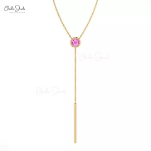 14k Solid Gold Y Drop Lariat Necklace 1/4CT Round Natural Pink Sapphire Necklace - Picture 1 of 22