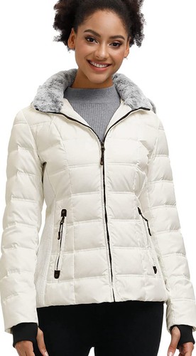 OFF WHITE Cappotto tampone SlowDown sci snowboard donna con cappuccio avorio riempito taglia Med