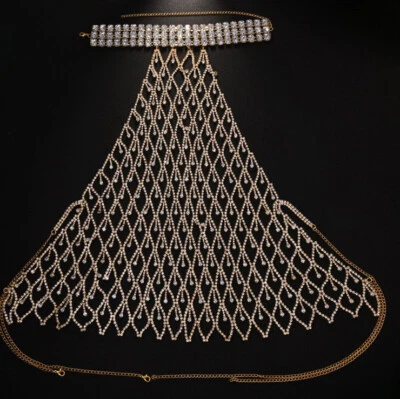 Women Rhinestone Chest Vest Luxury Droplet Tassel Party Metal Body Chain 34081 - Image 1 of 4