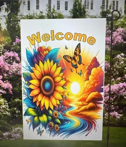 Gartenfahne 12x18 Willkommen Sonnenblume doppelseitig Handarbeit Schmetterling Sonnenschein - Bild 1 von 1