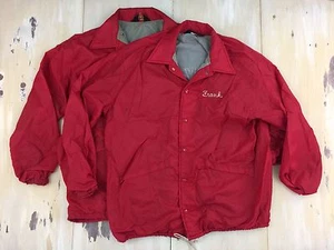 HIS & HER JACKETS - Vtg 70s Red Nylon Stadium Jacket, Frank & Hildegard, L-XL - Picture 1 of 9