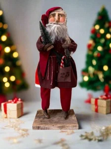 Handcrafted by Michelle Early American Hand Sculpted Clay Face Santa w/ Tree/Can - Picture 1 of 5