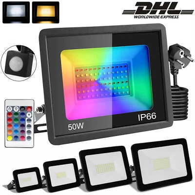 10-100W LED FLUTER MIT BEWEGUNGSMELDER STECKER AUßEN STRAHLER SCHEINWERFER RGB - Bild 1 von 4