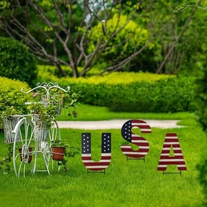 Metal USA Yard Sign Patriotic Garden Stake 4th of July Outdoor Decorations Lawn - Picture 1 of 6