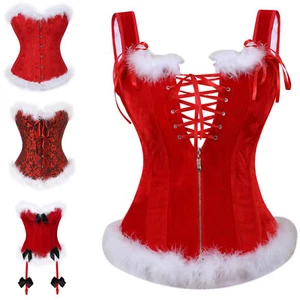 AU Women's Christmas Corset Mrs. Claus Costume Xmas Santa Bustier Top Lingerie - Picture 1 of 19