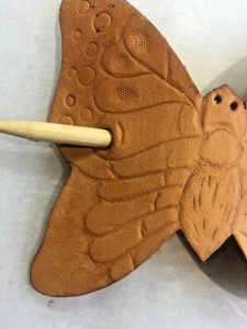 HAIR BARETTE - All Leather - Hand Crafted - BUTTERFLY - NATURAL Tooled Leather. - Picture 1 of 5