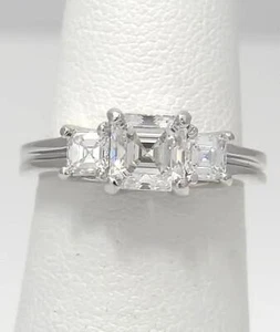 GIA Platinum 1 3/4ctw Square Emerald Step Cut Three Stone Engagement Ring VS1/G - Picture 1 of 12