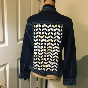 Upcycled Denim Jacket L w/metallic accents Mod Fabric hand stitched sashiko - Picture 1 of 8