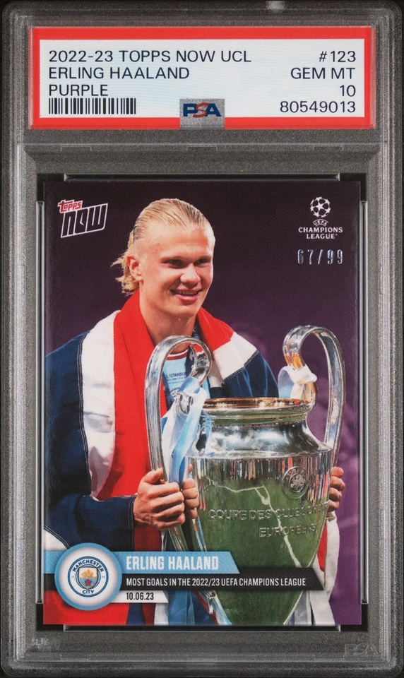 PSA 10 Erling Haaland 2022 Topps Now #123 Purple SP #67/99 City Most Goals Card - Image 1 of 1