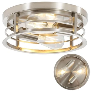 Runde Unterputz-Deckenleuchte mit 2 Leuchten, Bauernhaus gebürstetes Nickel Metallkäfig... - Bild 1 von 7