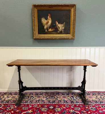 Antique English Bakers Table Sofa Entry Hall Kitchen Island with Cast Iron Base - Image 1 of 4