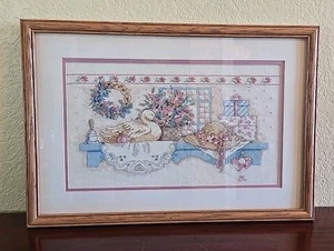 Cross Stitch FRAMED Goose Bunny Floral Completed Signed Matted Wood Frame - Picture 1 of 10
