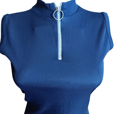 Anillo pequeño vintage años 70 sin mangas acanalado azul marino simulado cuello alto cremallera Foto 1 de 4