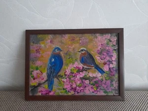 bright birds original oil painting, birds on blooming branch, birds wall art - Picture 1 of 20