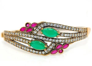 Ottoman Empire Style 8CT Treated Emerald & Ruby 925 Sterling Silver Bracelet - Bild 1 von 3