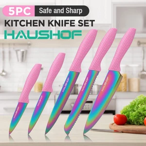 HAUSHOF Kitchen Knife Set 5PCS Pink Rainbow Knife Sets Premium Steel Knives Sets - Picture 1 of 12