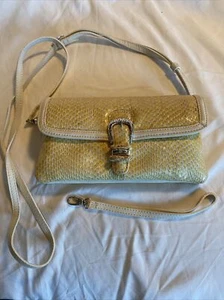 BRIGHTON LEATHER SNAKE SKIN CROSS BODY HANDBAG PURSE WRISTLET CREAM & YELLOW - Picture 1 of 10