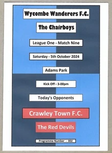 WYCOMBE WANDERERS v CRAWLEY TOWN 05.10.24 LEAGUE ONE MATCH PROGRAMME - Picture 1 of 3