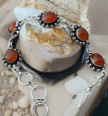 Pulsera de piedras preciosas de cristal de cornalina 21 cm - Chapada en plata de ley 925 - Nueva Foto 1 de 4