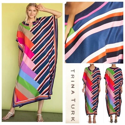 Nuevo con etiquetas $398 Maxi Vestido Trina Turk 100% Seda Theodora Caftán M/L Estampado a Rayas en Bloque Foto 1 de 4
